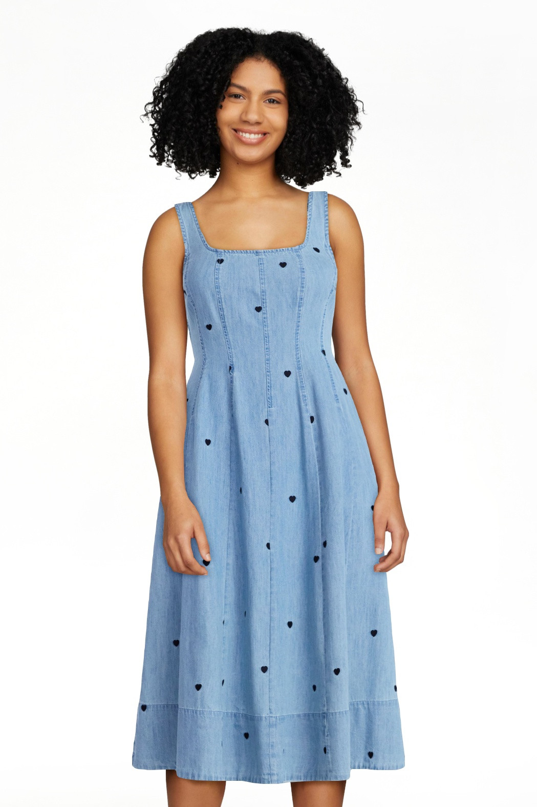 Free Assembly Women's and Women's Plus Embroidered Hearts Denim Panel Midi Dress, Sizes XS- 4X | Walmart (US)