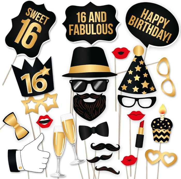 16th Birthday Photo Booth Props by PartyGraphix. DIY 16th Birthday Party Props Kit (34 Count, Bla... | Amazon (US)