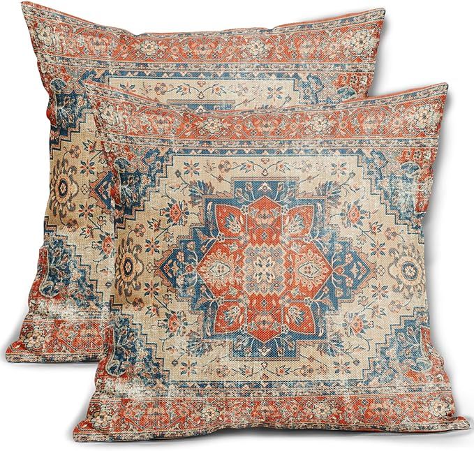 Rust Blue Orange Pillow Covers 18x18 Set of 2 Boho Ethnic Carpet Print Vintage Flower Bohemian De... | Amazon (US)