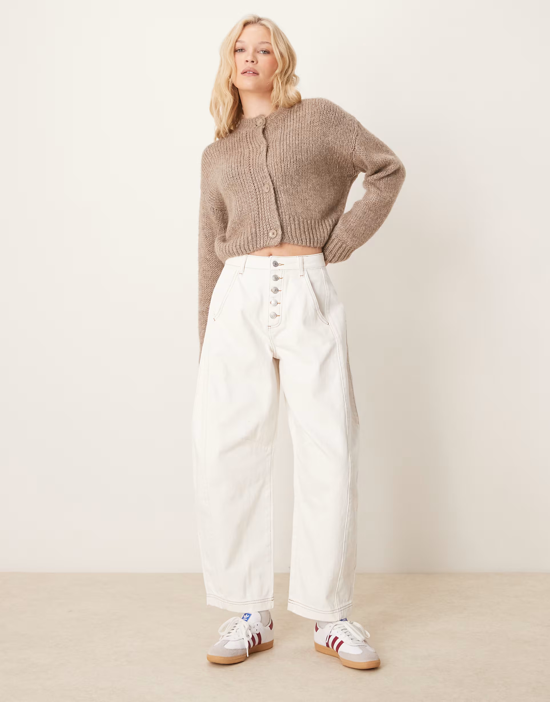 ASOS DESIGN cropped barrel leg jean with button fly in ecru | ASOS | ASOS (Global)