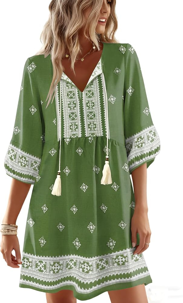 GUNEST Boho Summer Dresses V Neck 3/4 Sleeve Floral Printed Loose Plus Size Flowy Beach Vacation ... | Amazon (US)
