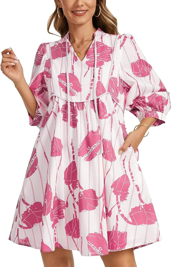 Women Floral Babydoll Mini Dress V Neck 3/4 Puff Sleeves A Line Flowy Swing Summer Sun Dresses | Amazon (US)