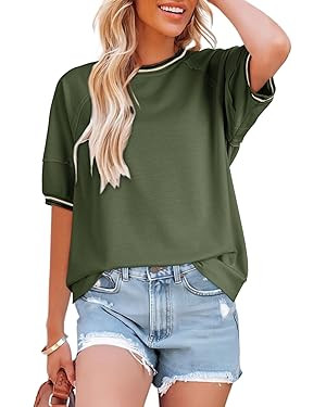 Dokotoo T Shirts for Women Striped Color Block Loose Fit Round Neck Womens Tops Fashion 2025 Over... | Amazon (US)