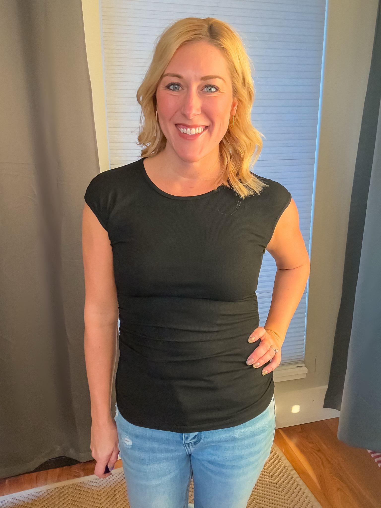 This basic cap sleeve tee will be perfect for pairing with allll the things… jeans, shorts, shorts, rompers, etc. 