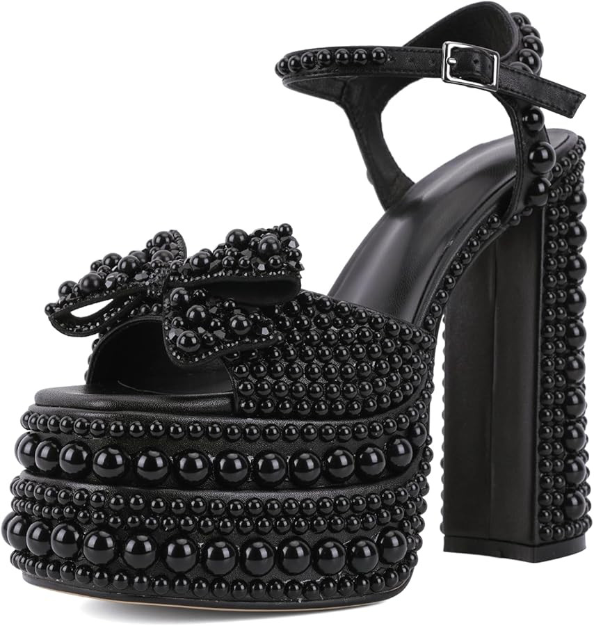 Pearl Platform High Heels for Women Round Toe Ankle Strap Chunky Heeled Sandals Dress Outing Even... | Amazon (US)