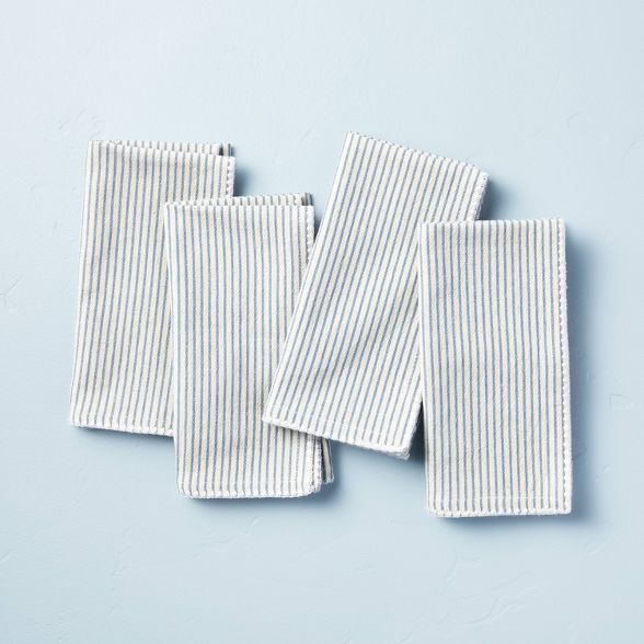 4pk Tick Stripe Cloth Napkin Set Blue/Sour Cream - Hearth &#38; Hand&#8482; with Magnolia | Target