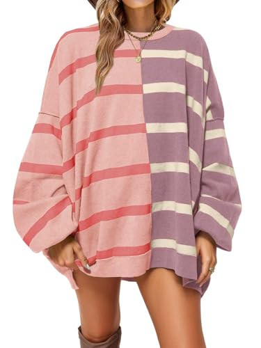 Womens Striped Pullover Sweater Crew Neck Long Sleeve Knitted Color Block Casual Loose Lightweight Sweaters for Women | Amazon (US)