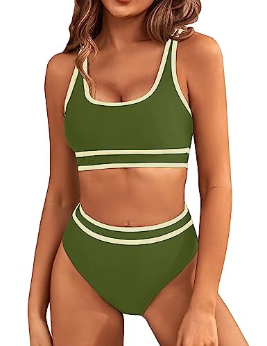 BMJL Women's High Waisted Bikini Sets Sporty Two Piece Swimsuits Color Block Cheeky High Cut Bathing Suits(M,Army Green) | Amazon (US)