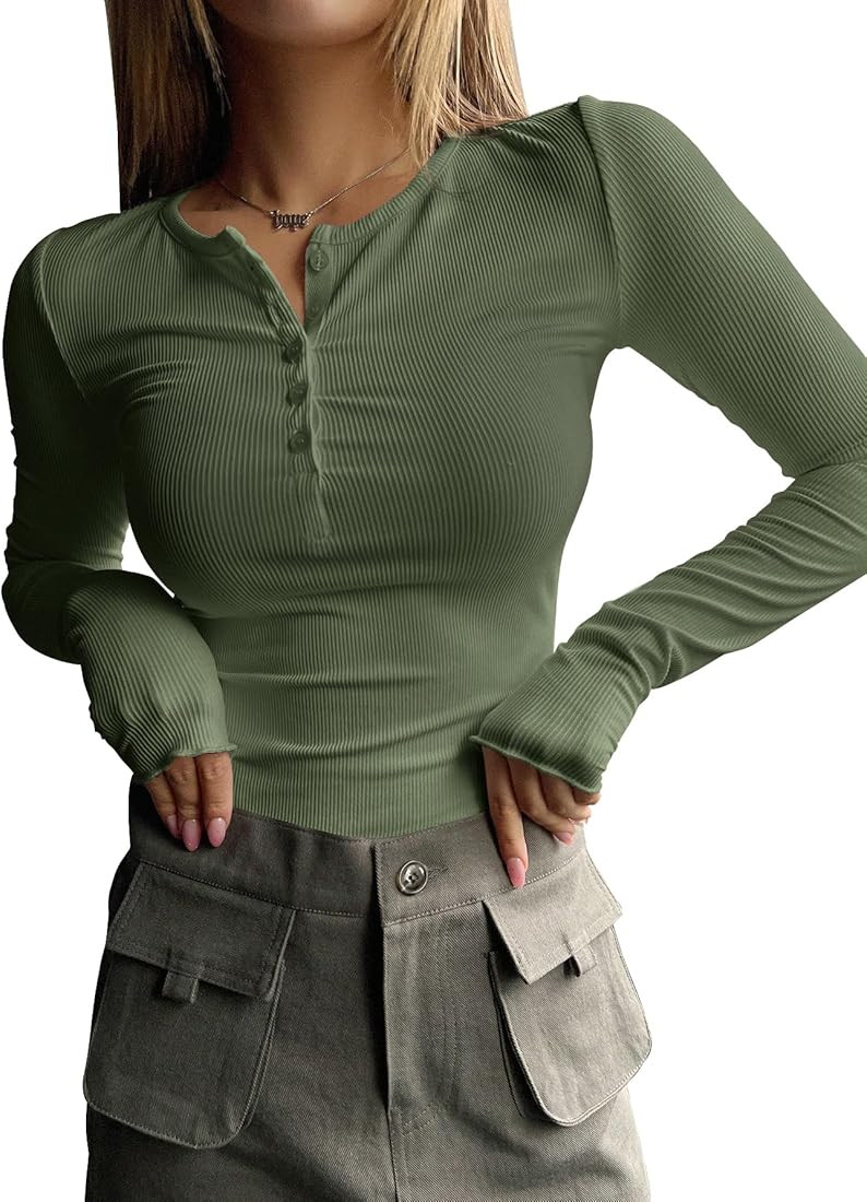 Women's Long Sleeve Tee Shirts Button Down Slim Fitted Basic Henley Tops Fall Ribbed Knit Shirts | Amazon (US)