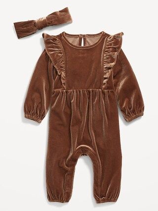 Long-Sleeve Ruffle-Trim Velvet One-Piece and Headband Set for Baby | Old Navy (US)