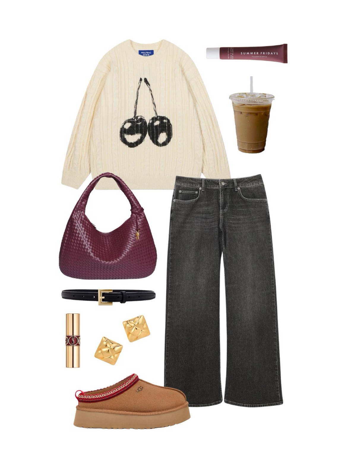 Sweater is from Aelfric Eden 🍒 
Exact purse photo is from an Alibaba listing 👜 

Cozy chic vibes! How cute is this fun cherry sweater with black wide-leg jeans from NA-KD and comfy UGG Tazz slippers. Accessorize with a statement bag, gold studs, and an Anine Bing belt for a stylish, laid-back look. Perfect for coffee runs or casual weekends!

#fallfashion #cozyoutfit #sweaterweather

#LTKFindsUnder100 #LTKSeasonal #LTKItBag