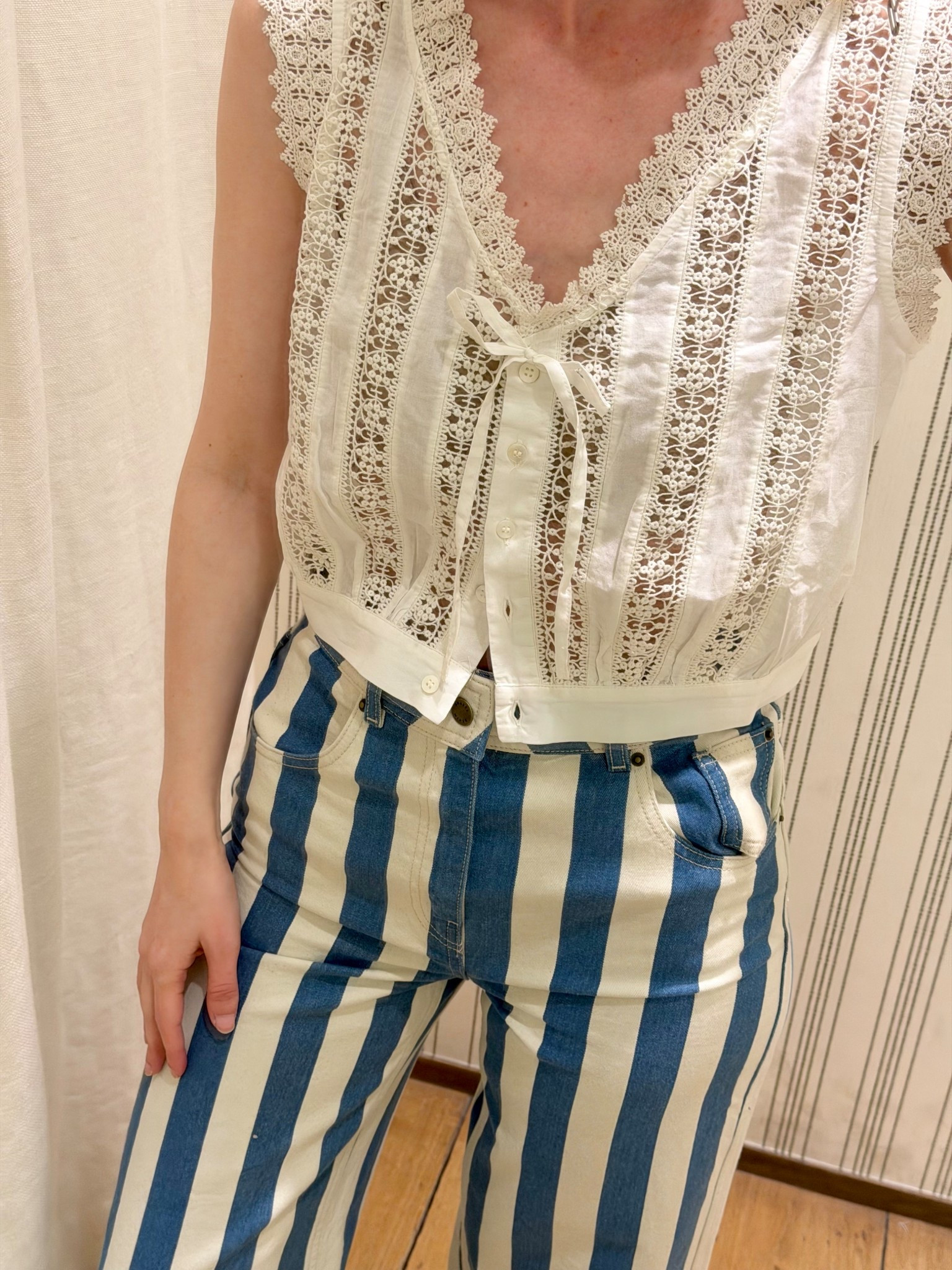 Romantic feminine lace and cotton top is a must for the warmer days ahead! Pair with one of this season’s hottest trends - the striped jeans! This particular pair from Sézane is high waisted and so flattering! 

#LTKootd