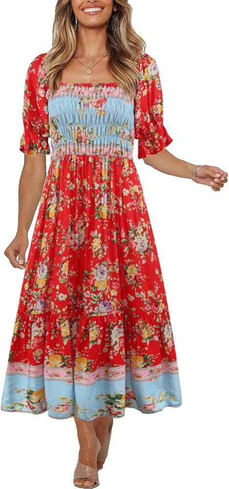 Women's Summer Bohemian Square Neck Floral Print Ruffle Vintage Flowy Beach Vacation Long Midi Bo... | Amazon (US)