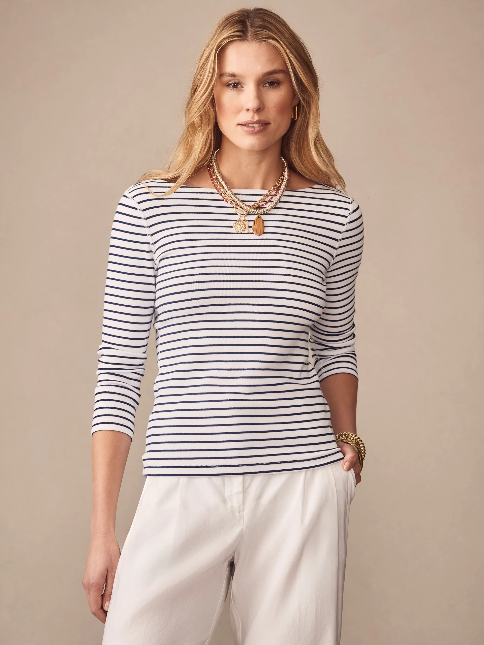 White/Nautical_Navy Stripe Goldie Tee | Women's Tops | J.McLaughlin | J.McLaughlin