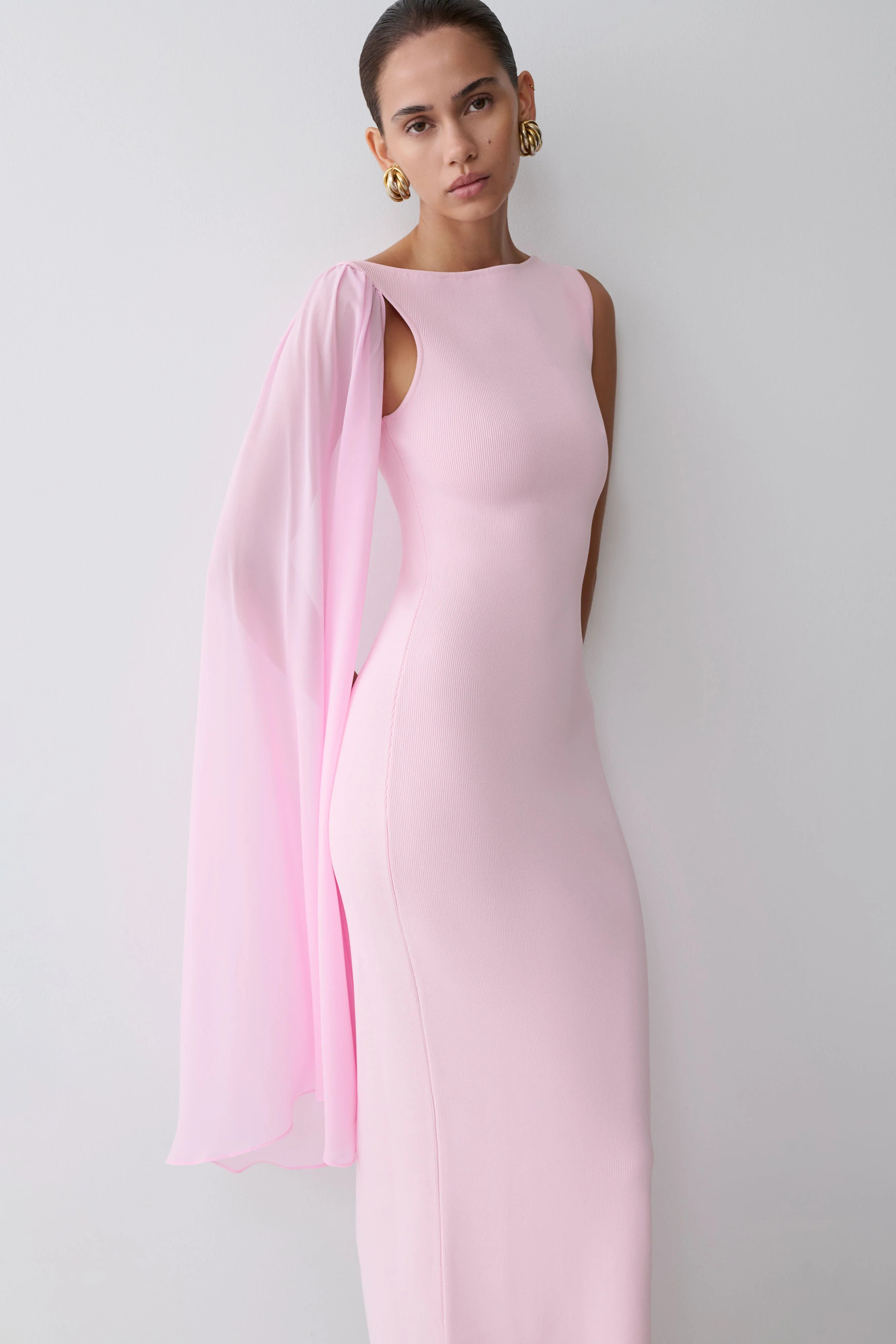 Farid Bandage Midi Dress With Chiffon - Baby Pink | Meshki UK