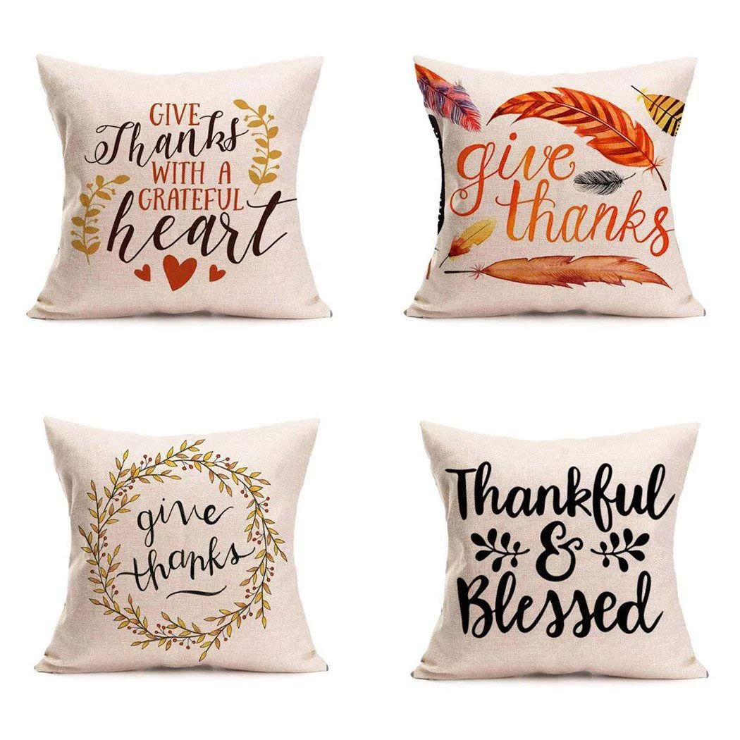 Happy Thanksgiving Day Pillow Covers 4 Pack Fall Decor Cotton Linen Give Thanks Sofa Throw Pillow... | Walmart (US)
