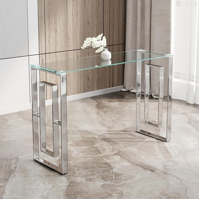 Goujxcy 47" Glass Console Table with Silver Stainless Steel Frame Legs Luxury Narrow Slim Console... | Amazon (US)