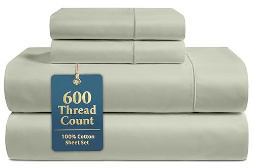 600TC 100% Cotton Sheets Queen Size Bed Set - Soft Sateen Weave, Mineral | Amazon (US)