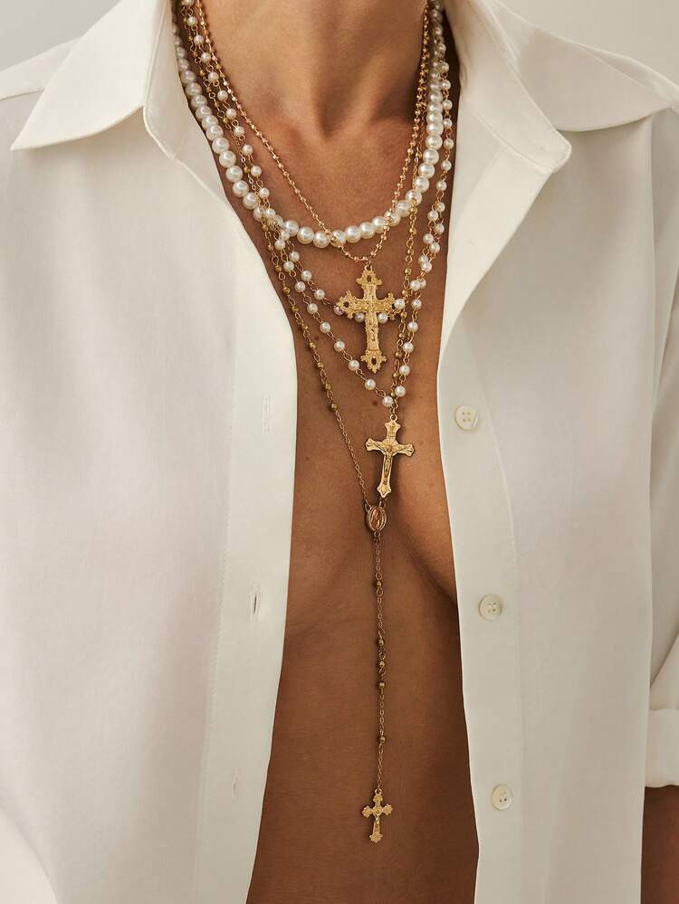 4pcs/Set Gold Plated Multi-Layer Beaded Cross Necklace | SHEIN