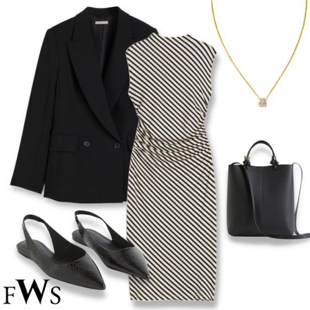 Workwear outfit idea 🖤 

Fall autumn 2023 office outfit business casual dress for office H&M style under 50 under 100 affordable outfit budget shopping midi dress work dress office dress black & white monochromatic 

#LTKFind #LTKunder50 #LTKworkwear