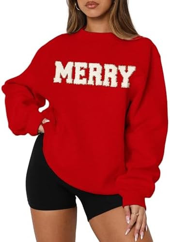 MAPICK Merry Sweatshirt for Women Christmas Fleece Linend Sequin Sweaters Crewneck Oversized Long... | Amazon (US)