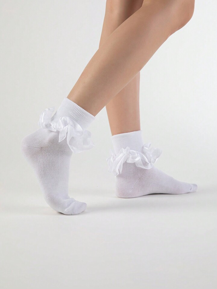 Romewe Kawaii Women Solid Color Simple Everyday Ruffle Lace Trim Mid Calf Sock  | SHEIN