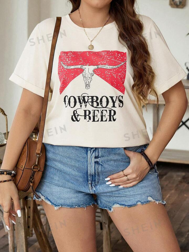 SHEIN LUNE Plus Size Western Cowboy Printed Letter & Bull Head Short Sleeve T-Shirt For Summer | SHEIN