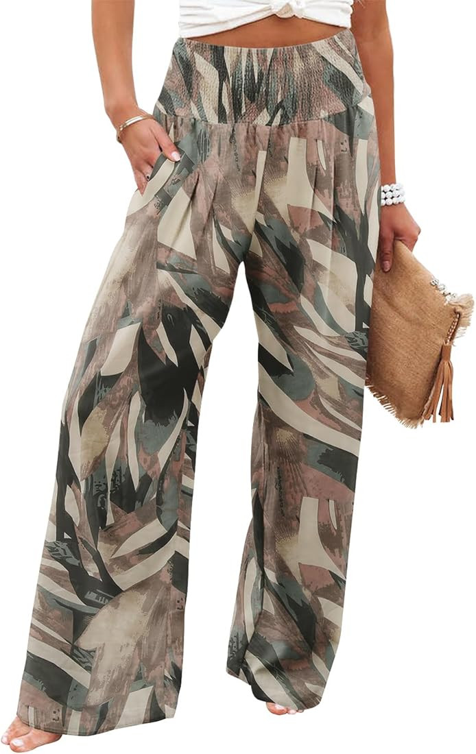 Angerella Womens Elastic High Waisted Palazzo Pants Casual Wide Leg Long Lounge Pant Trousers wit... | Amazon (US)