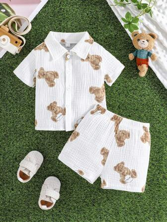 Baby Boys" Pure Cotton Short Sleeve Shirt And Shorts Set With Little Bear Pattern | SHEIN