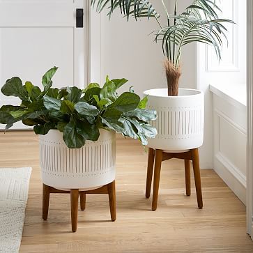 Mid-Century Turned Wood Leg Planters - Gold Stripe | West Elm (US)