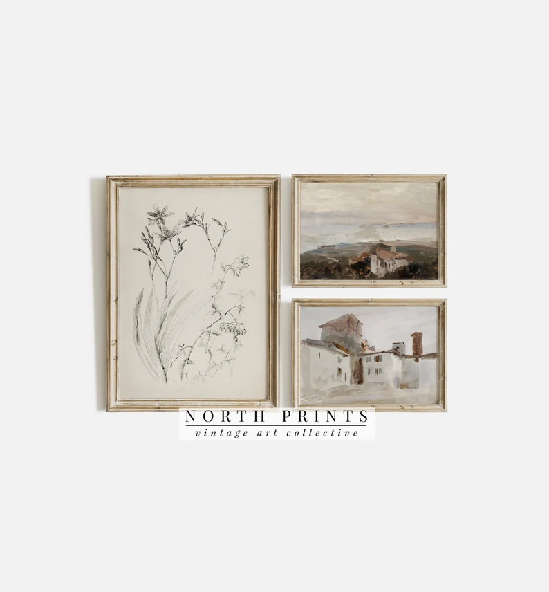 Vintage Neutral European Gallery Wall SET | Coastal Villa Floral Sketch Art | PRINTABLE Digital |... | Etsy (US)