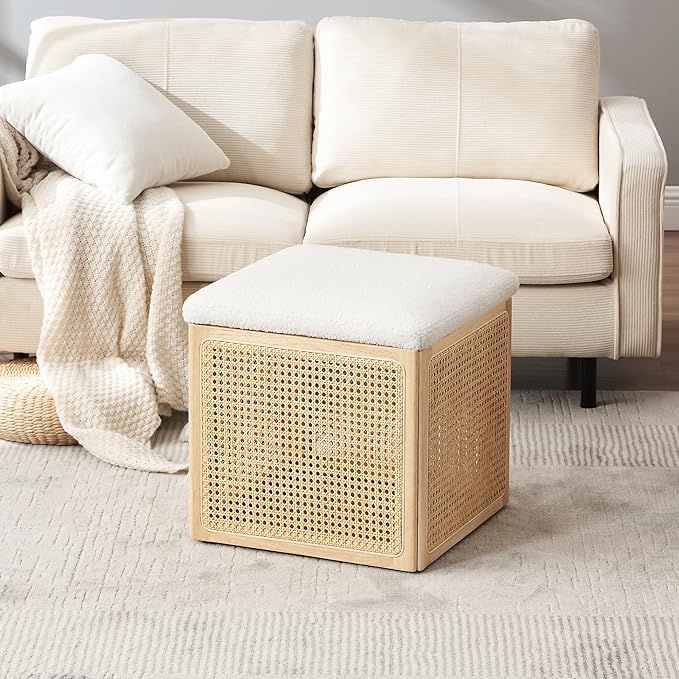 Storage Ottoman with Boucle Fabric and Solid Wood, Square Rattan Cube Foot Rest Stool, Ottoman wi... | Amazon (US)