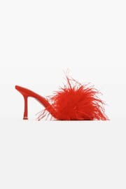 Alexander Wang Lulu 85 Feather Slide Sandal In Satin in Salsa Red | THE YES | THE YES