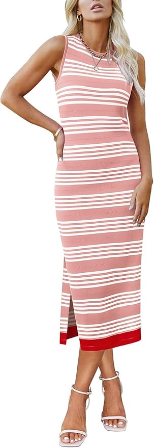 Zeagoo Womens Bodycon Midi Dresses Summer Casual Sleeveless Dress Women Knit Side Slit Striped 20... | Amazon (US)