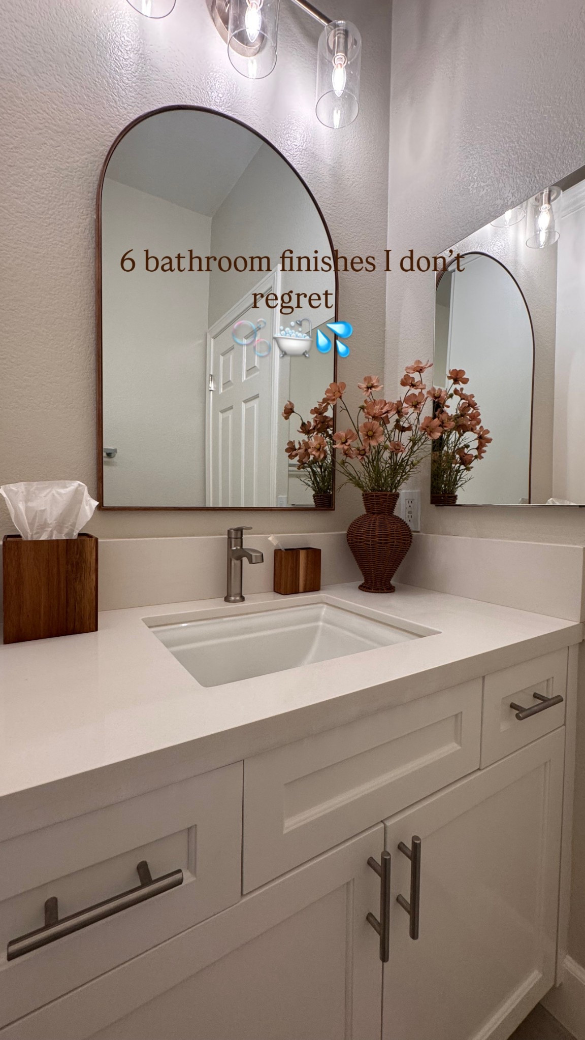 Bathroom remodel bathroom decor hardware sink faucets drawer pulls mirrors decorative mirrors bathroom mirrors wood framed mirror wicker, vase, flower, vase, faux flowers, wood tissue, cover, wood, toothbrush, holder, brushed, nickel faucet, brushed, nickel, pulls Kohler sink, bathroom sink, rectangular sink, mirrored medicine cabinet, bathroom, lighting, decorative lighting, bathroom ideas, bathroom decor ideas, classic bathroom ideas, white bathroom, neutral bathroom decor, hearth and hand bathroom decor white counter tops white cabinets 

#LTKHome