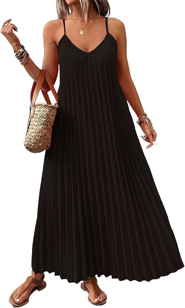 Women's Summer Casual V Neck Sleeveless Strappy Pleated Flowy Loose Maxi Long Beach Dress | Amazon (US)