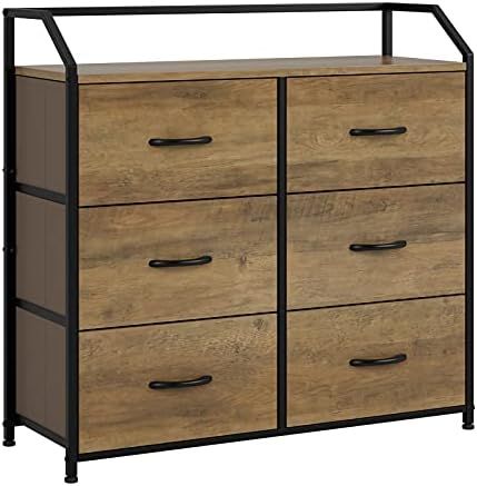 6 Drawer Dresser, Fabric Chest of Drawers with Wood Top, Industrial Storage Dresser Tall Nightstand  | Amazon (US)