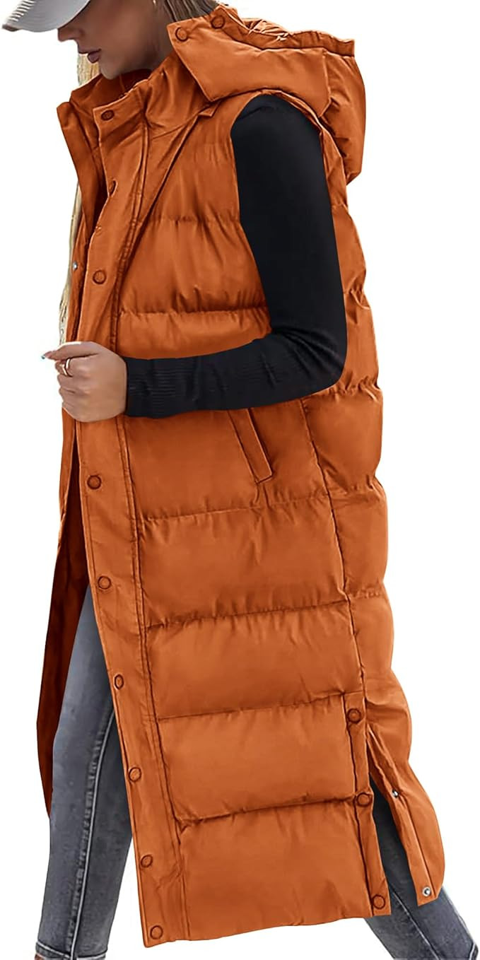 BTFBM Long Puffer Vest Women Quilted Hooded Button Down Zip Up Sleeveless Vests Outerwear Padded ... | Amazon (US)