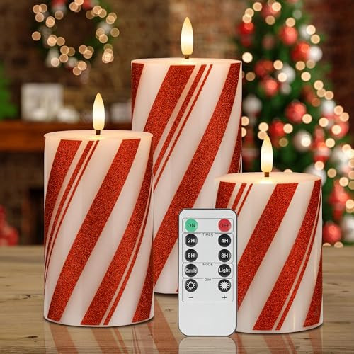 AFINETH Flameless Pillar Candles with Remote, Battery Operated Red Candy Cane Candles Real Wax, Flat Top Flickering Christmas LED Candle Decorations for Xmas, Home, Party Decor, Set of 3 | Amazon (US)