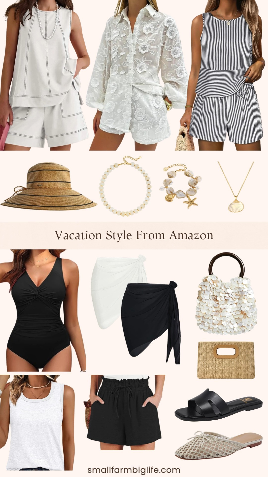 Vacation style is calling and Amazon has everything you need to pack the perfect bag! From breezy matching sets and flowy tanks to a tummy control swimsuit, woven sun hats, shell jewelry, and the cutest woven clutches, these are the effortless and stylish pieces that make getting dressed on vacation so easy and fun. All the neutral and black and white tones that mix and match beautifully together. Linking everything below! 

 #LTKOver40 #LTKSwim #LTKTravel