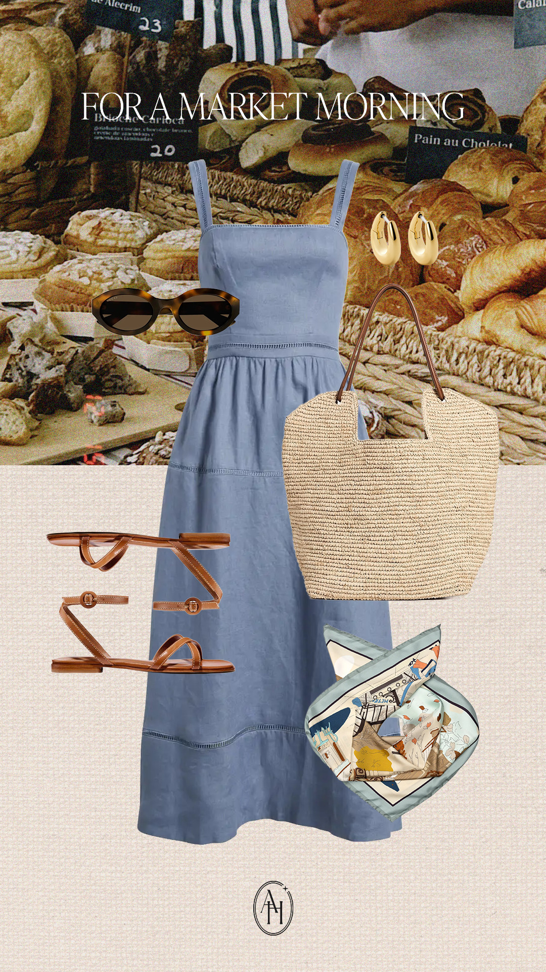 Gorgeous linen dress, a straw tote for your goodies with tortoise sunnies, ankle strap sandals and a chic silk scarf.   

 #LTKootd #LTKSeasonal

#LTKtravel