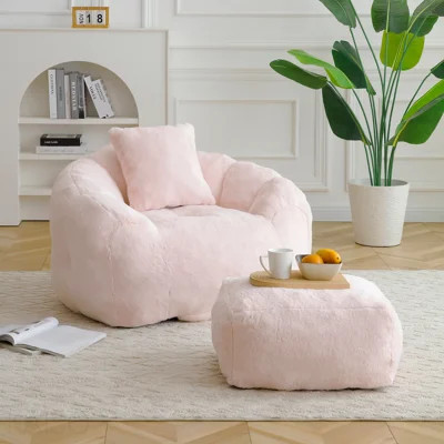 Giant Bean Bag Chair with Footstool, Oversized Bean Bag for Adults and Kids, Faux Fur Shell-Shaped Large Chair with Filler, Stuffed Big Accent Sofa, F | Wayfair North America