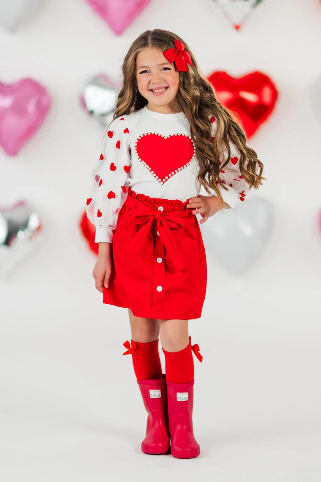 Hearts & Pearls Red Skirt Set or Onesie | Sparkle In Pink