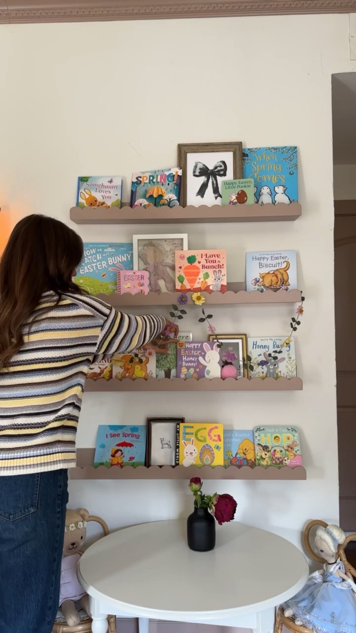 EASTER BOOKSHELVES 💛🐰
My top is size small and jeans are a 25

James’ paint color is Benjamin Moore whispering woods & Emmett’s is Sherwin Williams retreat. His wallpaper is color naturelle. 
 

#LTKHome #LTKKids #LTKmomlife
