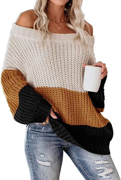 VIMPUNEC Womens Oversized Sweater Color Block Off The Shoulder Pullover Sweaters Cable Knit Chunk... | Amazon (US)