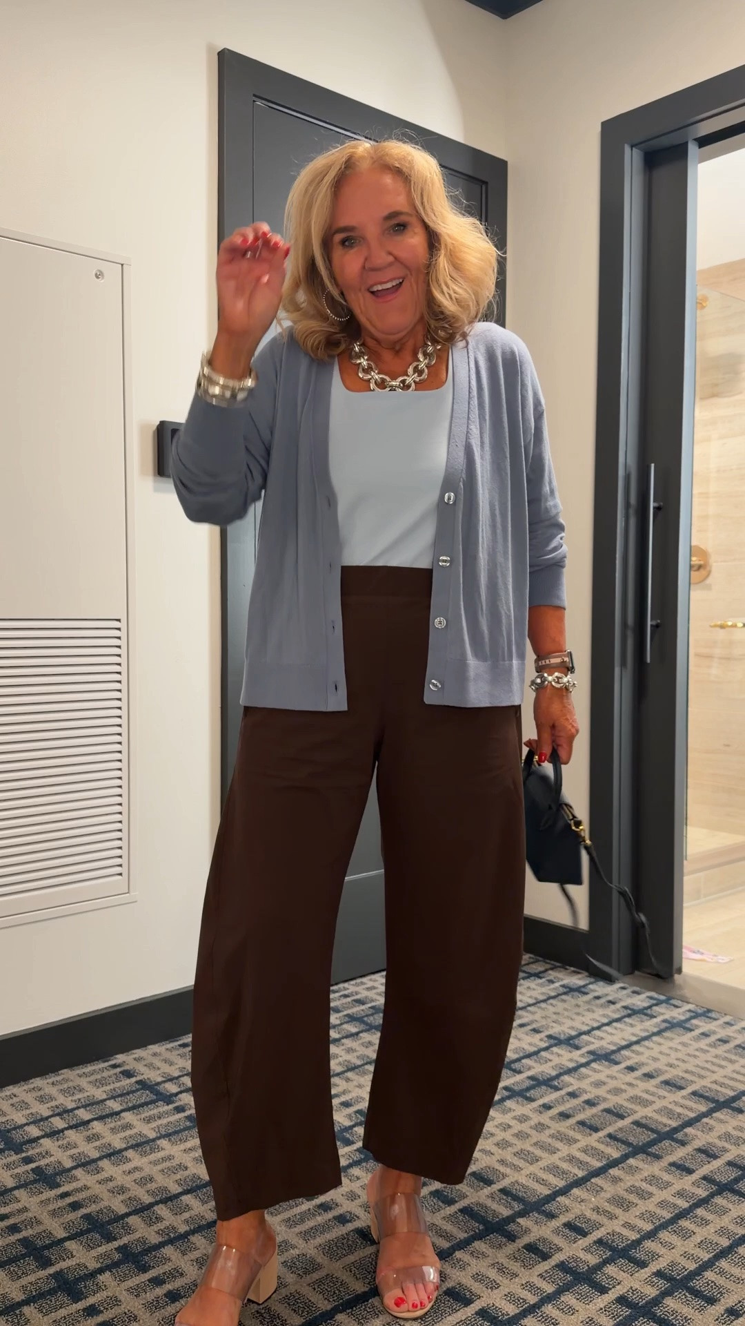 One last outfit of the day we had a more casual party and it was outside, so I wanted to just wear something lighter.
I didn’t plan this outfit, but it worked out perfectly. I love the blue and the brown together.
Pants size 10 petite 
Tank size 1.0
Sweater size medium it’s super lightweight

#LTKCon #LTKootd #LTKOver40