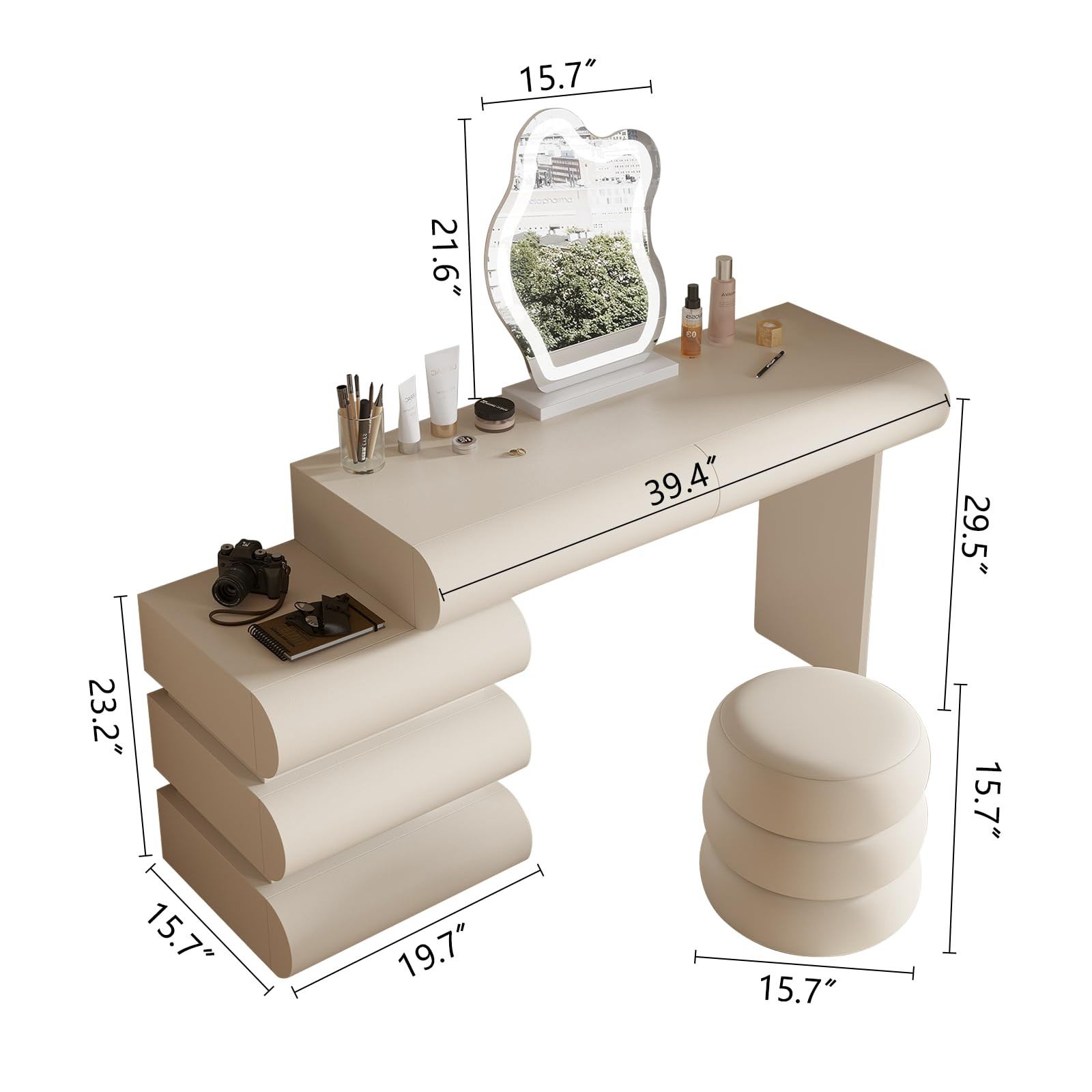 White Makeup Vanity Desk with Mirror and Lights, Luxury Vanity Set with Side Cabinet, Microfibre ... | Amazon (US)