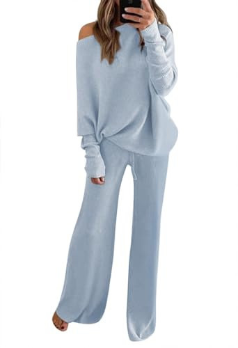 Fixmatti Women Off Shoulder Sweater Set 2 Pieces Knit Wide Leg Pants Sweatsuit Sets Light Blue M | Amazon (US)