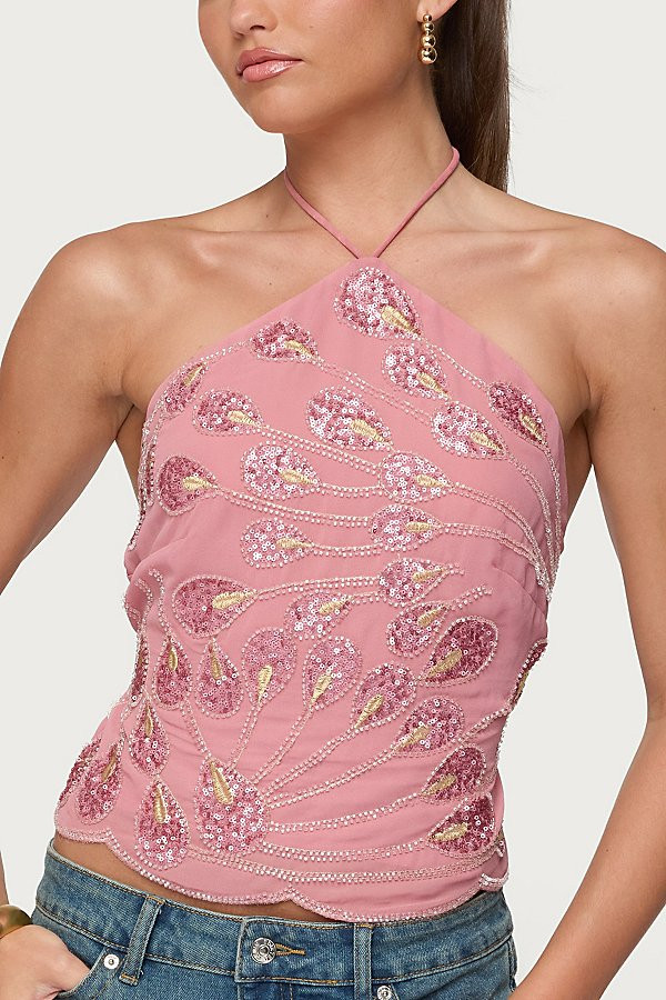 Edikted Embroidered Bead & Sequin Halter Top in Pink, Women's at Urban Outfitters | Urban Outfitters (US and RoW)