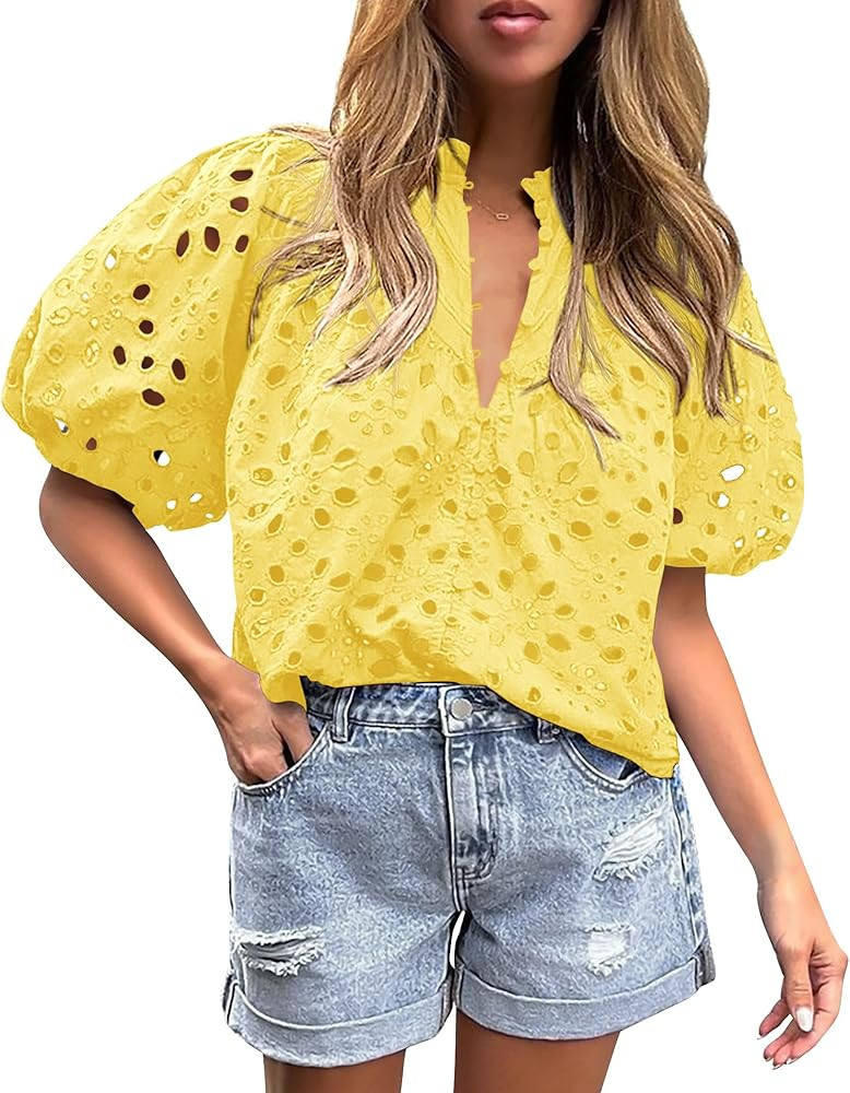 PRETTYGARDEN Women's Summer Tops 2025 Dressy Casual Short Sleeve V Neck Buttons Hollow Out Lace E... | Amazon (US)